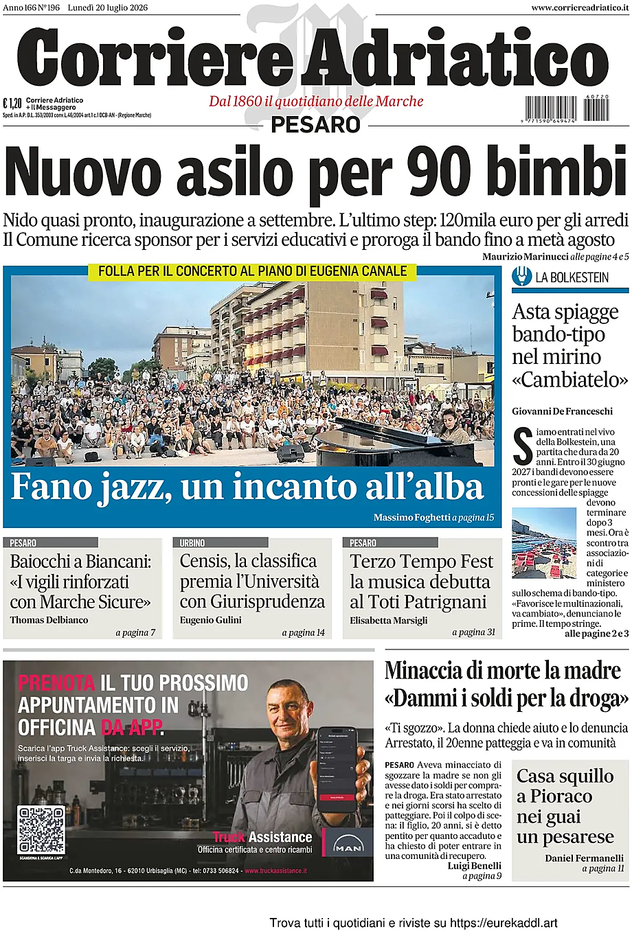 Prima pagina Corriere Adriatico (Pesaro) di oggi - Edicola 20 Luglio 2026