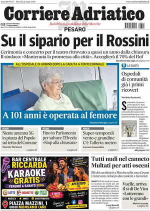 Prima pagina Corriere Adriatico (Pesaro) di oggi - Quotidiano regionale