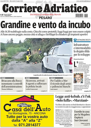 Prima pagina Corriere Adriatico (Pesaro) di oggi - Quotidiano regionale