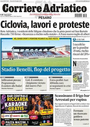 Prima pagina Corriere Adriatico (Pesaro) di oggi - Quotidiano regionale