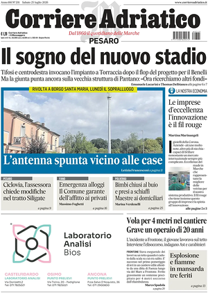 Prima pagina Corriere Adriatico (Pesaro) di oggi - Quotidiano regionale