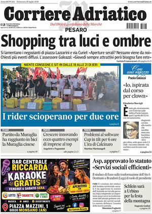 Prima pagina Corriere Adriatico (Pesaro) di oggi - Quotidiano regionale