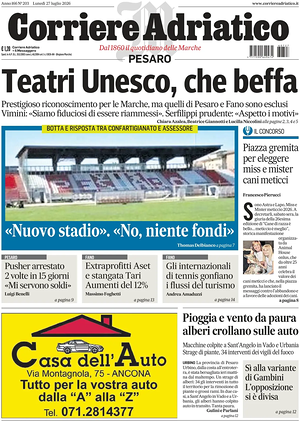 Prima pagina Corriere Adriatico (Pesaro) di oggi - Quotidiano regionale