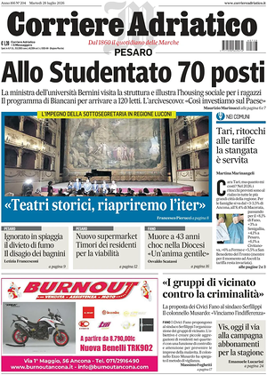 Prima pagina Corriere Adriatico (Pesaro) di oggi - Quotidiano regionale