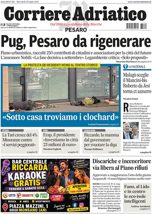 Prima pagina Corriere Adriatico (Pesaro) di oggi - Quotidiano regionale