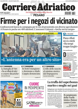 Prima pagina Corriere Adriatico (Pesaro) di oggi - Quotidiano regionale