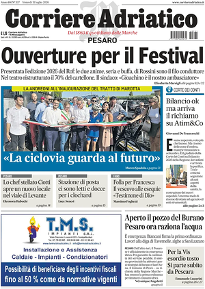 Prima pagina Corriere Adriatico (Pesaro) di oggi - Quotidiano regionale