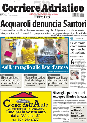 Prima pagina Corriere Adriatico (Pesaro) di oggi - Quotidiano regionale