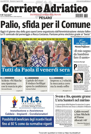 Prima pagina Corriere Adriatico (Pesaro) di oggi - Quotidiano regionale