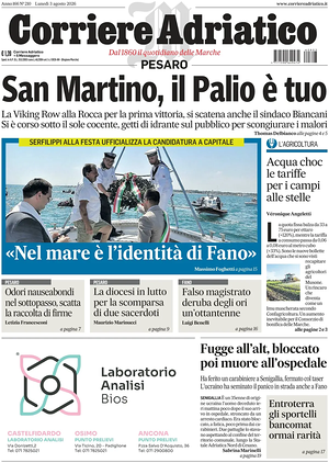 Prima pagina Corriere Adriatico (Pesaro) di oggi - Quotidiano regionale