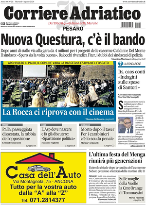 Prima pagina Corriere Adriatico (Pesaro) di oggi - Quotidiano regionale