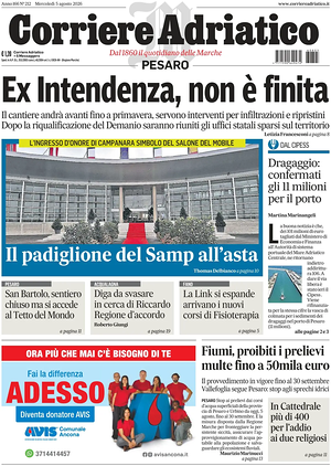 Prima pagina Corriere Adriatico (Pesaro) di oggi - Quotidiano regionale