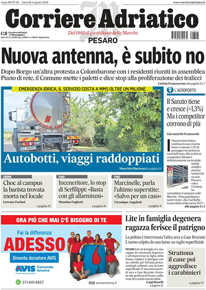 Prima pagina Corriere Adriatico (Pesaro) di oggi - Quotidiano regionale