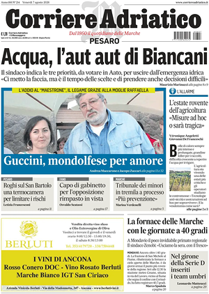 Prima pagina Corriere Adriatico (Pesaro) di oggi - Quotidiano regionale