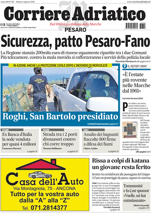 Prima pagina Corriere Adriatico (Pesaro) di oggi - Quotidiano regionale