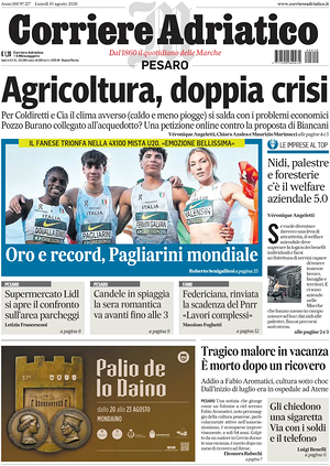 Prima pagina Corriere Adriatico (Pesaro) di oggi - Quotidiano regionale