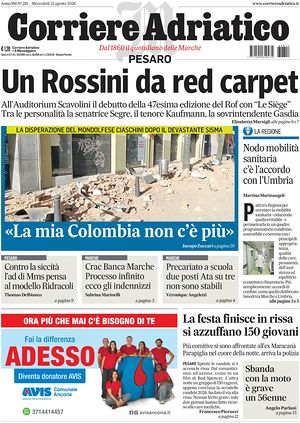 Prima pagina Corriere Adriatico (Pesaro) di oggi - Quotidiano regionale