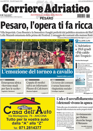 Prima pagina Corriere Adriatico (Pesaro) di oggi - Quotidiano regionale