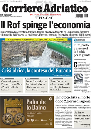 Prima pagina Corriere Adriatico (Pesaro) di oggi - Quotidiano regionale