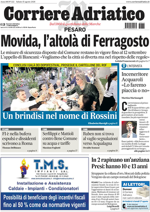 Prima pagina Corriere Adriatico (Pesaro) di oggi - Quotidiano regionale