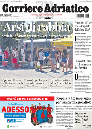 Prima pagina Corriere Adriatico (Pesaro) di oggi - Quotidiano regionale