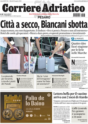 Prima pagina Corriere Adriatico (Pesaro) di oggi - Quotidiano regionale