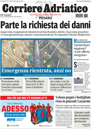 Prima pagina Corriere Adriatico (Pesaro) di oggi - Quotidiano regionale