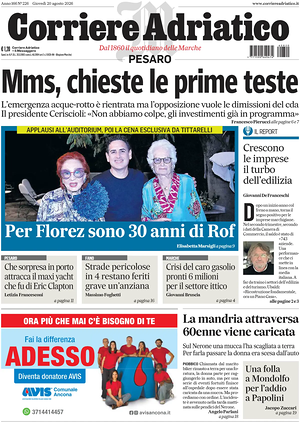 Prima pagina Corriere Adriatico (Pesaro) di oggi - Quotidiano regionale