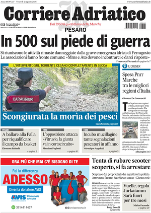 Prima pagina Corriere Adriatico (Pesaro) di oggi - Quotidiano regionale