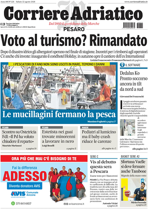 Prima pagina Corriere Adriatico (Pesaro) di oggi - Quotidiano regionale