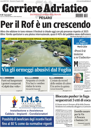 Prima pagina Corriere Adriatico (Pesaro) di oggi - Quotidiano regionale