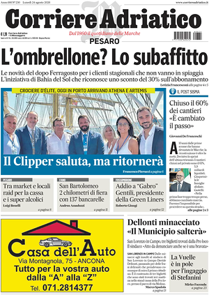 Prima pagina Corriere Adriatico (Pesaro) di oggi - Quotidiano regionale