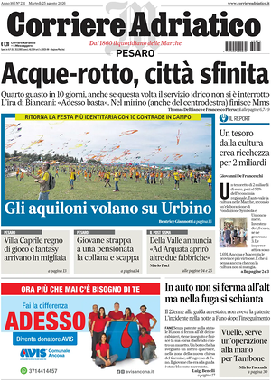 Prima pagina Corriere Adriatico (Pesaro) di oggi - Quotidiano regionale