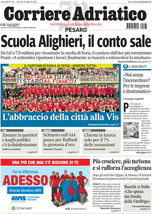 Prima pagina Corriere Adriatico (Pesaro) di oggi - Quotidiano regionale