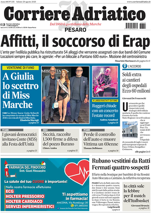 Prima pagina Corriere Adriatico (Pesaro) di oggi - Quotidiano regionale
