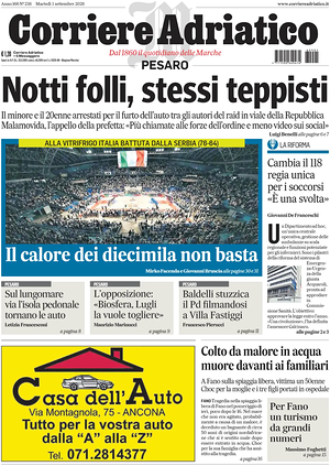 Prima pagina Corriere Adriatico (Pesaro) di oggi - Quotidiano regionale