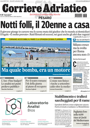 Prima pagina Corriere Adriatico (Pesaro) di oggi - Quotidiano regionale