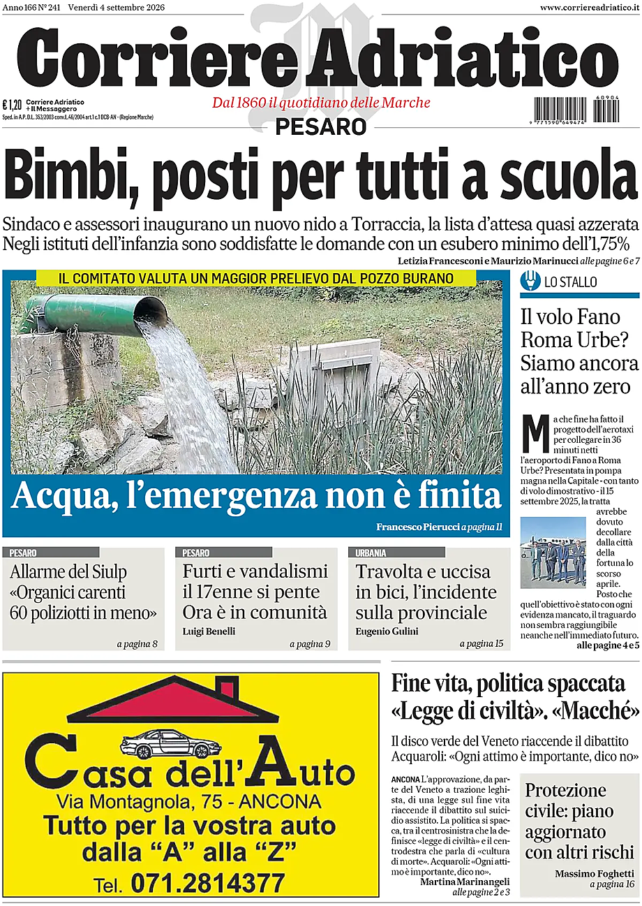 Prima pagina Corriere Adriatico (Pesaro) di oggi - Edicola 4 Settembre 2026