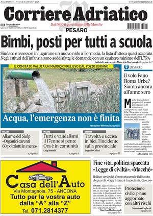 Prima pagina Corriere Adriatico (Pesaro) di oggi - Quotidiano regionale