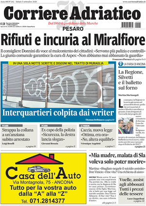 Prima pagina Corriere Adriatico (Pesaro) di oggi - Quotidiano regionale
