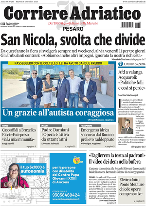 Prima pagina Corriere Adriatico (Pesaro) di oggi - Quotidiano regionale