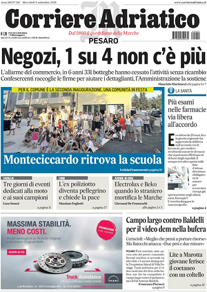Prima pagina Corriere Adriatico (Pesaro) di oggi - Quotidiano regionale