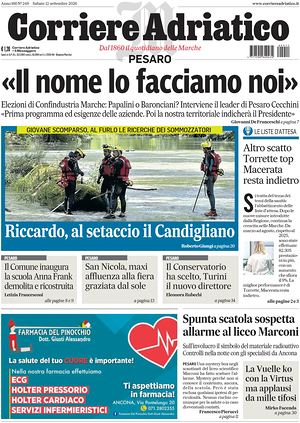 Prima pagina Corriere Adriatico (Pesaro) di oggi - Quotidiano regionale