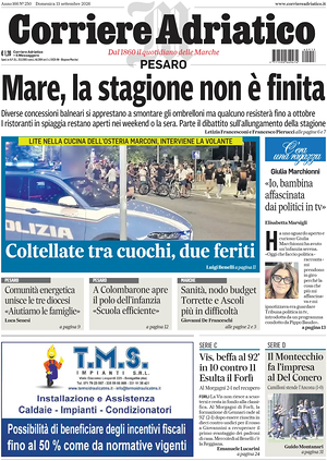 Prima pagina Corriere Adriatico (Pesaro) di oggi - Quotidiano regionale