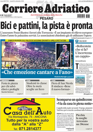 Prima pagina Corriere Adriatico (Pesaro) di oggi - Quotidiano regionale