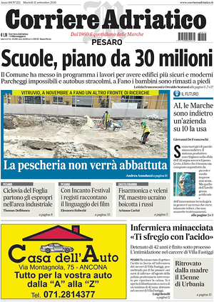 Prima pagina Corriere Adriatico (Pesaro) di oggi - Quotidiano regionale