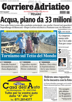 Prima pagina Corriere Adriatico (Pesaro) di oggi - Quotidiano regionale