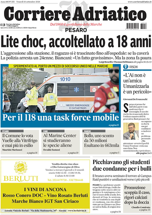 Prima pagina Corriere Adriatico (Pesaro) di oggi - Quotidiano regionale