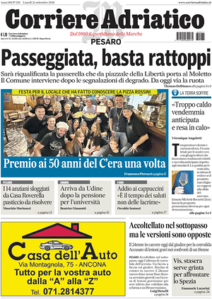 Prima pagina Corriere Adriatico (Pesaro) di oggi - Quotidiano regionale