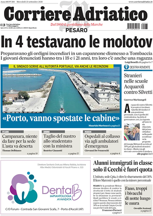 Prima pagina Corriere Adriatico (Pesaro) di oggi - Quotidiano regionale